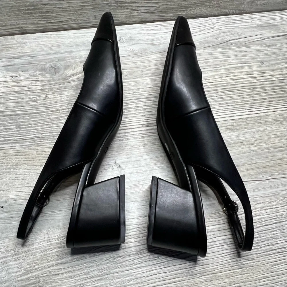 NWT Woman’s Bar lll Tenleyp sling back matte black pointed croc block heels 8.5
